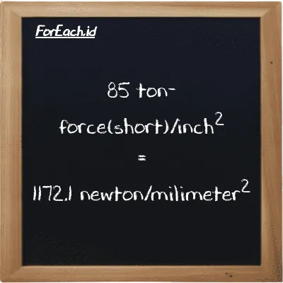 85 ton-force(short)/inch<sup>2</sup> is equivalent to 1172.1 newton/milimeter<sup>2</sup> (85 tf/in<sup>2</sup> is equivalent to 1172.1 N/mm<sup>2</sup>)
